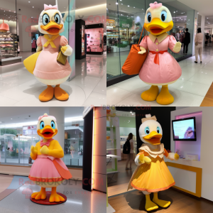 Peach Duck mascot costume character dressed with a Wrap Skirt and Clutch bags