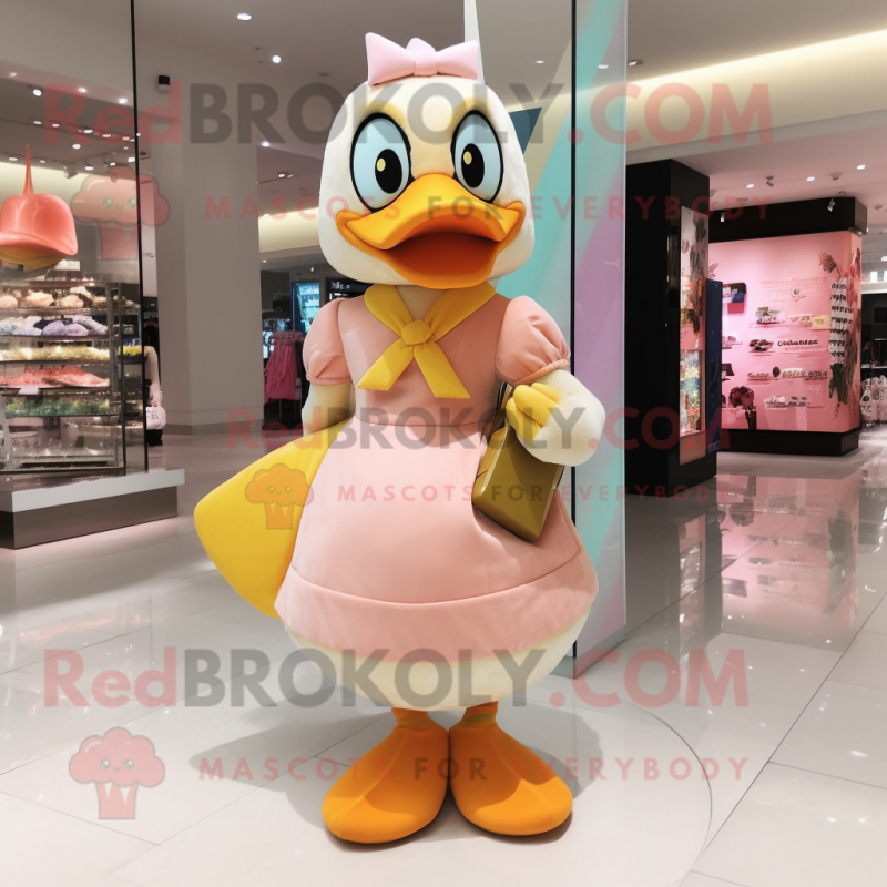 Peach Duck mascot costume character dressed with a Wrap Skirt and Clutch bags