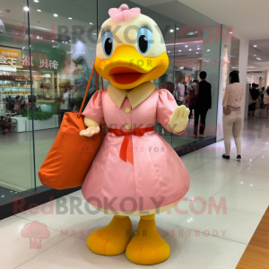 Peach Duck mascot costume character dressed with a Wrap Skirt and Clutch bags