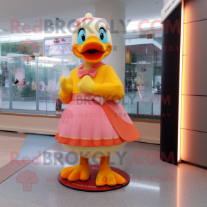 Peach Duck mascot costume character dressed with a Wrap Skirt and Clutch bags