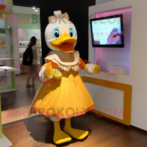 Peach Duck mascot costume character dressed with a Wrap Skirt and Clutch bags