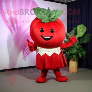 Red Spinach mascot costume character dressed with a Tank Top and Cummerbunds