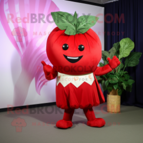 Red Spinach mascot costume character dressed with a Tank Top and Cummerbunds