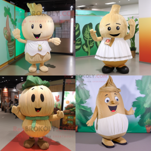 Tan Turnip mascot costume character dressed with a A-Line Skirt and Foot pads