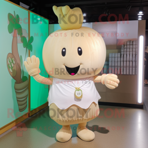 Tan Turnip mascot costume character dressed with a A-Line Skirt and Foot pads
