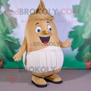 Tan Turnip mascot costume character dressed with a A-Line Skirt and Foot pads