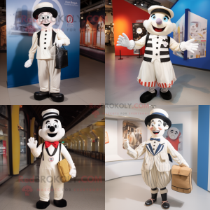 Cream Mime mascot costume character dressed with a Waistcoat and Messenger bags