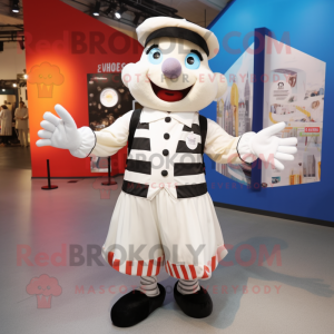 Cream Mime mascot costume character dressed with a Waistcoat and Messenger bags