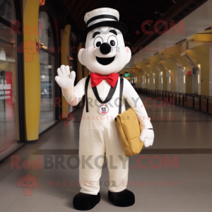 Cream Mime mascot costume character dressed with a Waistcoat and Messenger bags