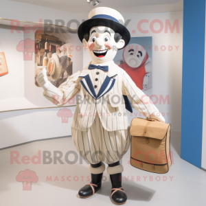 Cream Mime mascot costume character dressed with a Waistcoat and Messenger bags