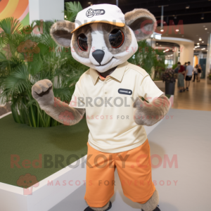 Tan Lemur mascot costume character dressed with a Polo Shirt and Foot pads