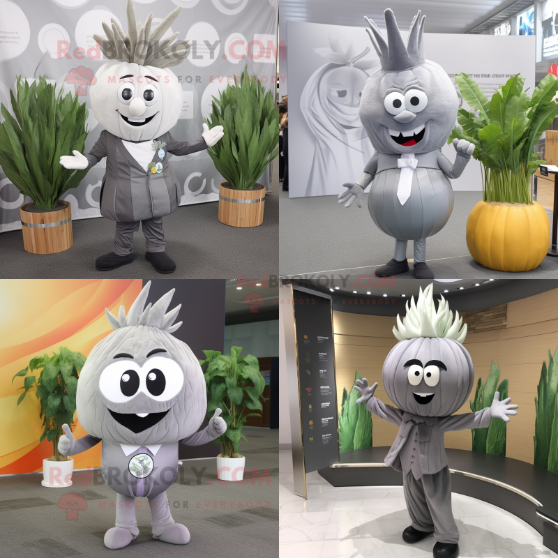 Gray Onion mascot costume character dressed with a Suit and Headbands