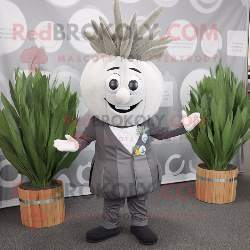 Gray Onion mascot costume character dressed with a Suit and Headbands