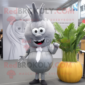 Gray Onion mascot costume character dressed with a Suit and Headbands