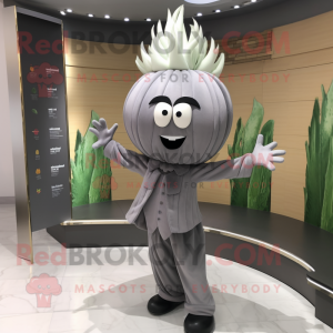 Gray Onion mascot costume character dressed with a Suit and Headbands