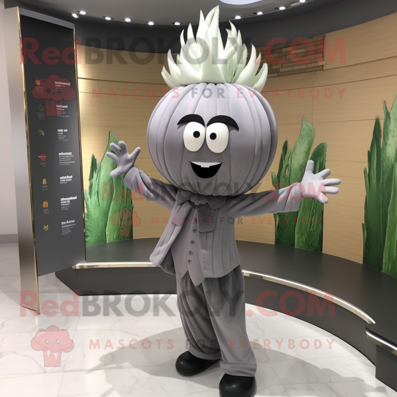 Gray Onion mascot costume character dressed with a Suit and Headbands