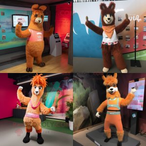 Rust Llama mascot costume character dressed with a Yoga Pants and Hair clips