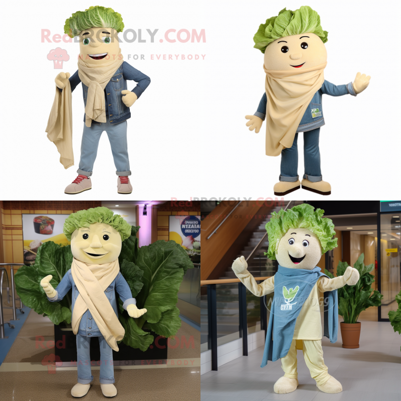 Beige Caesar Salad mascot costume character dressed with a Denim Shirt and Scarves Beige Caesar Salad mascot costume character dressed with a Denim Shirt and Scarves
