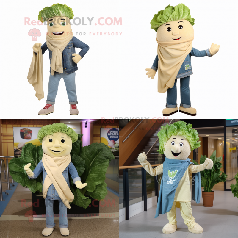 Beige Caesar Salad mascot costume character dressed with a Denim Shirt and Scarves