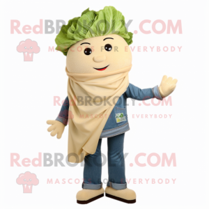 Beige Caesar Salad mascot costume character dressed with a Denim Shirt and Scarves