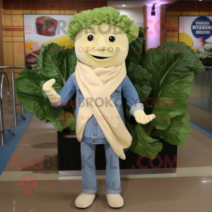 Beige Caesar Salad mascot costume character dressed with a Denim Shirt and Scarves