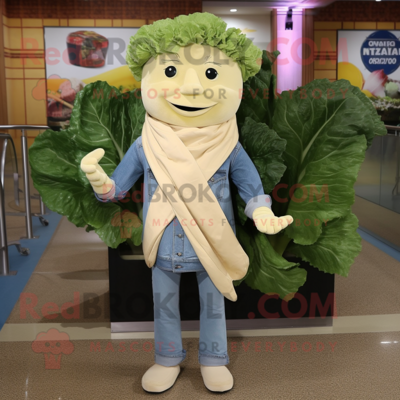 Beige Caesar Salad mascot costume character dressed with a Denim Shirt and Scarves Beige Caesar Salad mascot costume character dressed with a Denim Shirt and Scarves