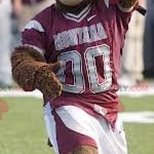 Brown bear mascot in red and white sportswear - Redbrokoly.com