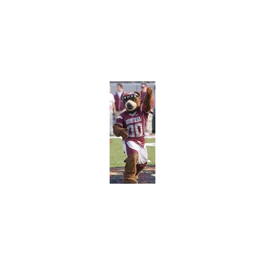 Brown bear mascot in red and white sportswear - Redbrokoly.com Brown bear mascot in red and white sportswear - Redbrokoly.com