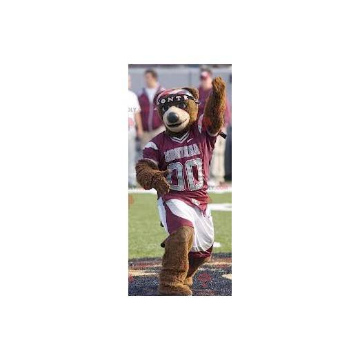 Brown bear mascot in red and white sportswear - Redbrokoly.com
