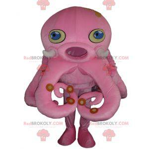 Mascote gigante de polvo rosa com olhos azuis - Redbrokoly.com