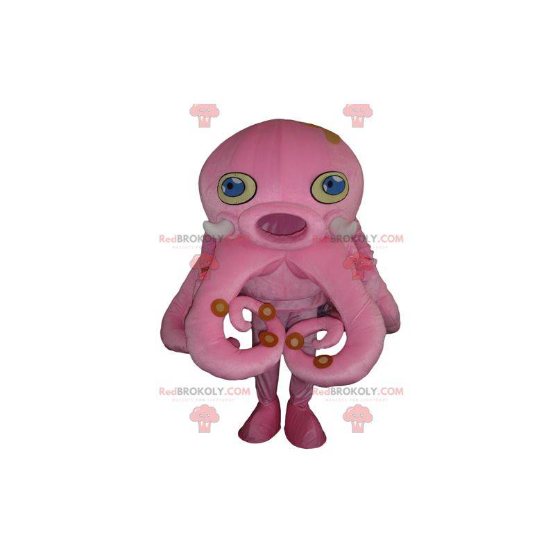 Kæmpe lyserød blæksprutte maskot med blå øjne - Redbrokoly.com
