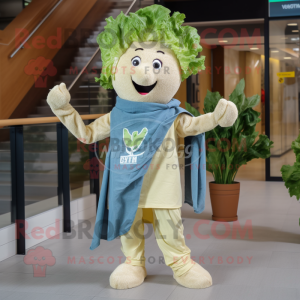 Beige Caesar Salad mascot costume character dressed with a Denim Shirt and Scarves