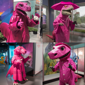 Magenta Iguanodon mascot costume character dressed with a Raincoat and Shawl pins