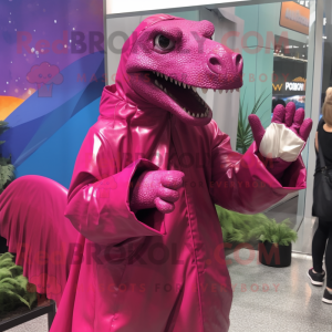 Magenta Iguanodon mascot costume character dressed with a Raincoat and Shawl pins