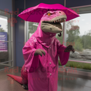 Magenta Iguanodon mascot costume character dressed with a Raincoat and Shawl pins