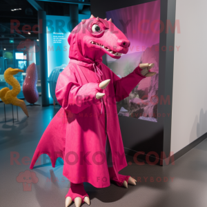 Magenta Iguanodon mascot costume character dressed with a Raincoat and Shawl pins