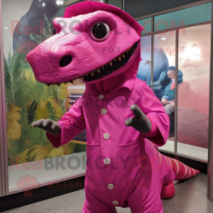 Magenta Iguanodon mascot costume character dressed with a Raincoat and Shawl pins
