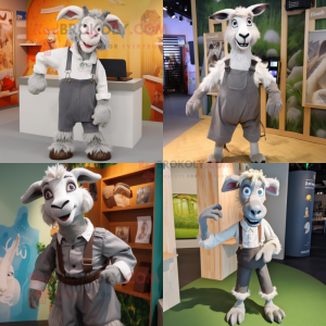 Gray Goat mascot costume character dressed with a Culottes and Suspenders