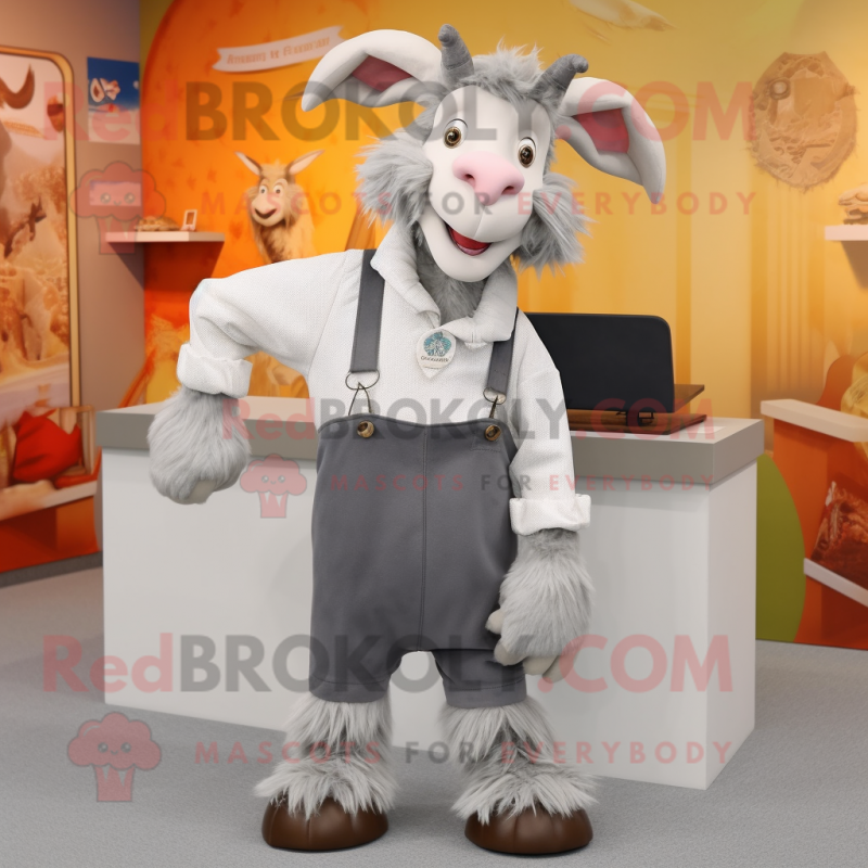 Gray Goat mascot costume character dressed with a Culottes and Suspenders