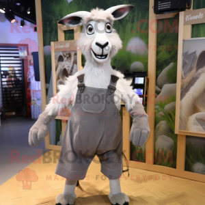 Gray Goat mascot costume character dressed with a Culottes and Suspenders