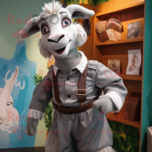 Gray Goat mascot costume character dressed with a Culottes and Suspenders