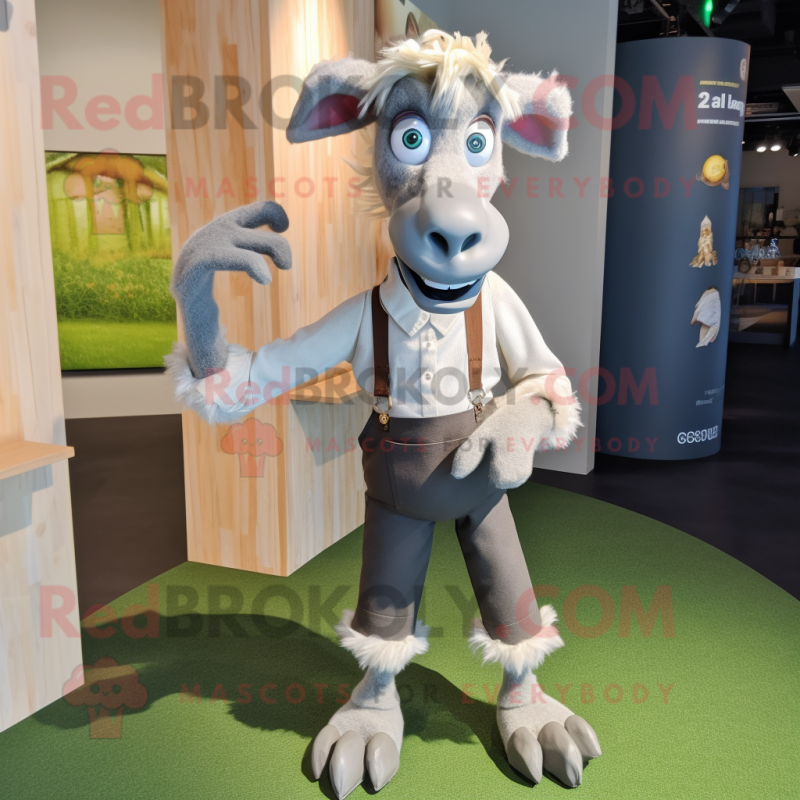 Gray Goat mascot costume character dressed with a Culottes and Suspenders