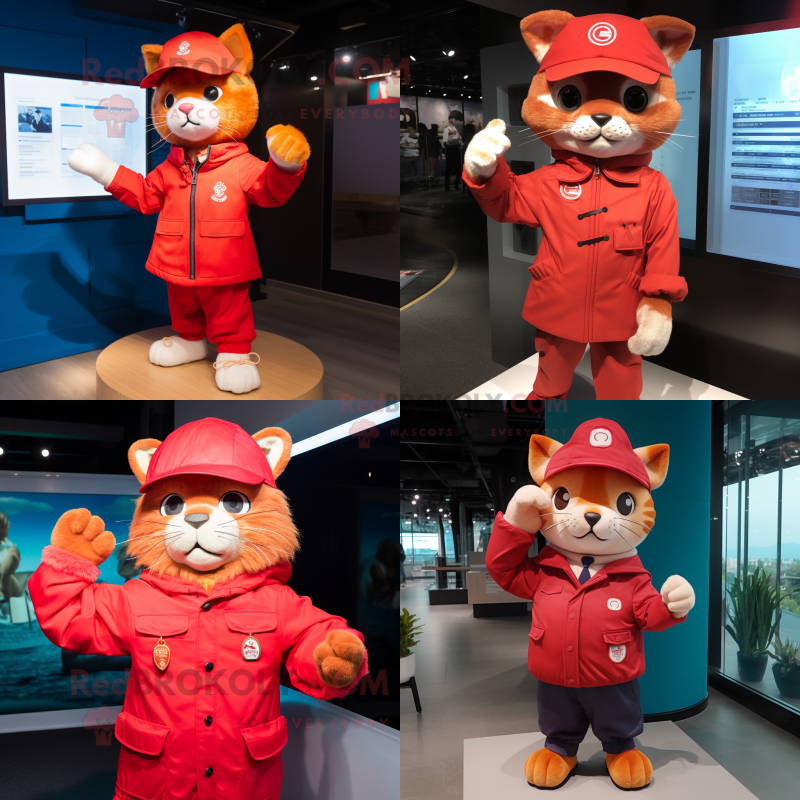 Red Cat mascot costume character dressed with a Windbreaker and Berets
