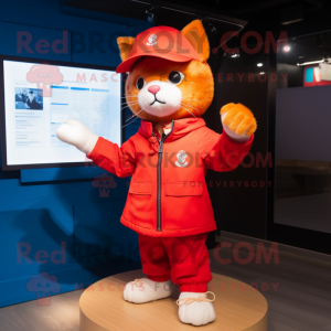 Red Cat mascot costume character dressed with a Windbreaker and Berets