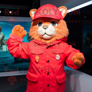 Red Cat mascot costume character dressed with a Windbreaker and Berets