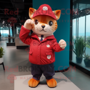 Red Cat mascot costume character dressed with a Windbreaker and Berets