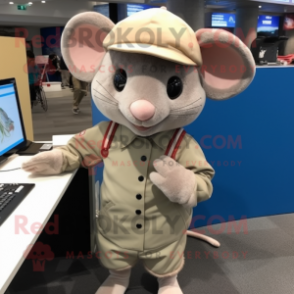 Beige Mouse mascot costume character dressed with a Jeans and Berets