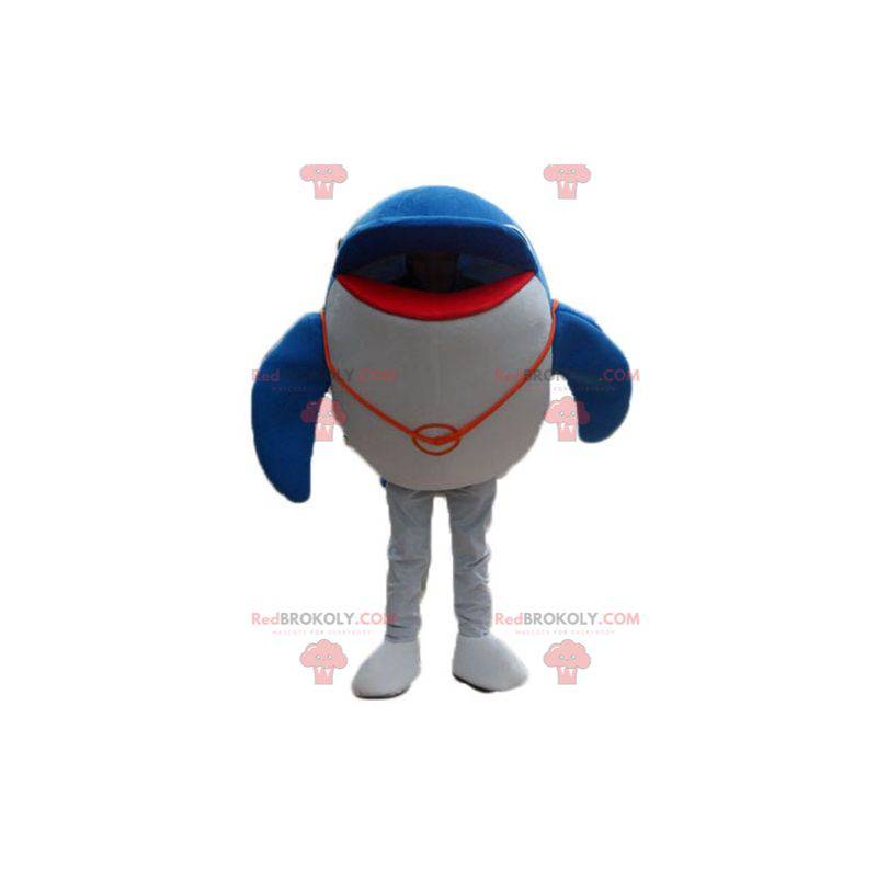 Mascote golfinho gigante azul e branco de muito sucesso -