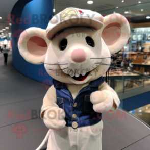 Beige Mouse mascot costume character dressed with a Jeans and Berets