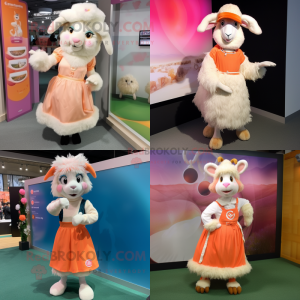 Peach Angora Goat mascot costume character dressed with a Skirt and Beanies
